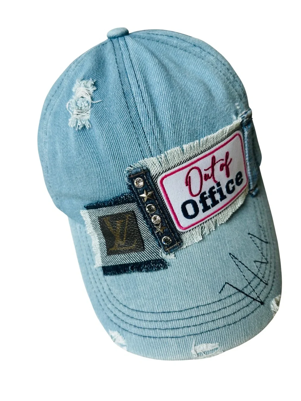 Upcycled Denim Trucker Hat Out of Office LV Canvas Patch New
